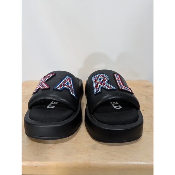 Karl Lagerfeld Rhinestone Logo Black Platform Slides Sandals Women Size 6 - Picture 2 of 8